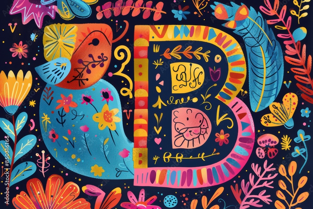 A vibrant and colorful illustration featuring the alphabet letter B surrounded by playful elements and patterns. The design is perfect for educational materials and children's projects.