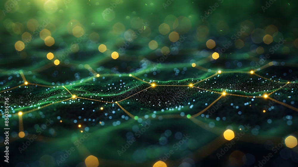 Network of hexagons connected by thin lines, shades of green and yellow, hd quality, digital rendering, high contrast, geometric precision, modern design, artistic composition, dynamic and elegant. Network of hexagons connected by thin lines, shades of green and yellow, hd quality, digital rendering, high contrast, geometric precision, modern design, artistic composition, dynamic and elegant.