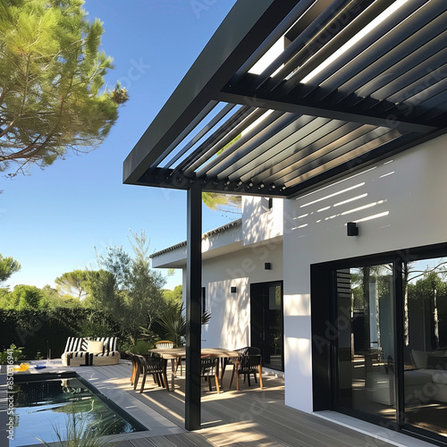 Projet de construction d'une véranda ou pergola bioclimatique pour une maison d'habiation moderne blanche