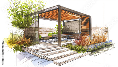 Esquisse d'architecte d'un projet de construction d'une pergola écologique bioclimatique en bois dans un jardin