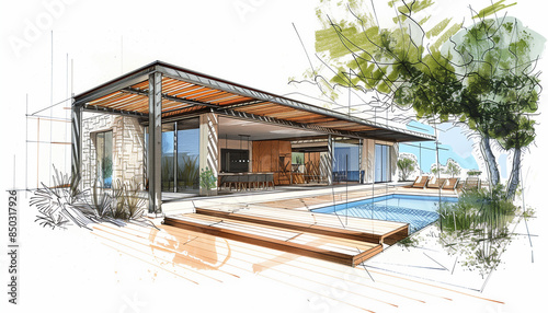 Esquisse d'architecte d'un projet de construction d'une pergola écologique bioclimatique en bois dans un jardin