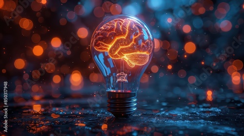 Innovative concept featuring a light bulb with a glowing brain inside, symbolizing creativity, intelligence, and ideas