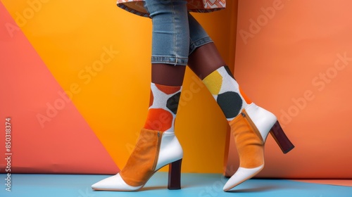 Stylish legs in vibrant heels and patterned socks, a bold statement of modern fashion photo