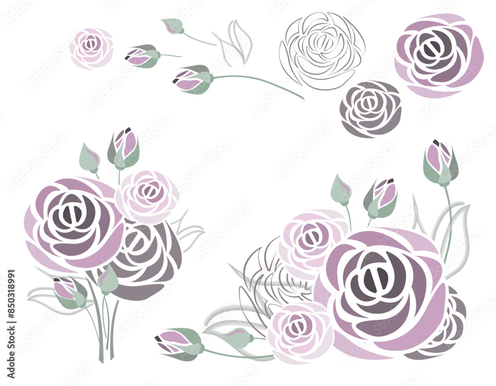 Vector image of a rose. Drawing of flowers. A bouquet of pink roses. Flowers elements. Vector image of a rose. Drawing of flowers. A bouquet of pink roses. Flowers elements.
