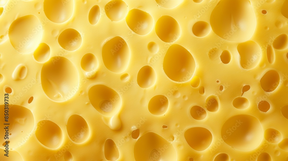 Close-Up View of Yellow Swiss Cheese Texture With Large Holes Background
