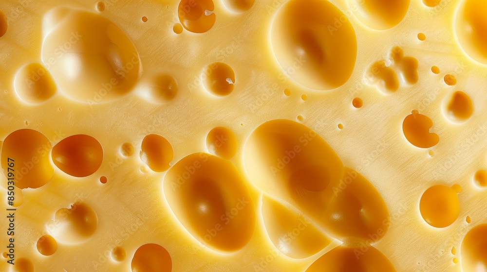Close-Up View of Yellow Swiss Cheese Texture With Large Holes Background