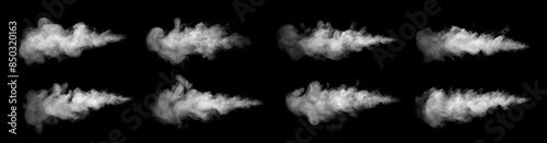 Includes close-up shots of abstract white steam or smoke rising upwards. From humidifying spray isolated on black background.	
