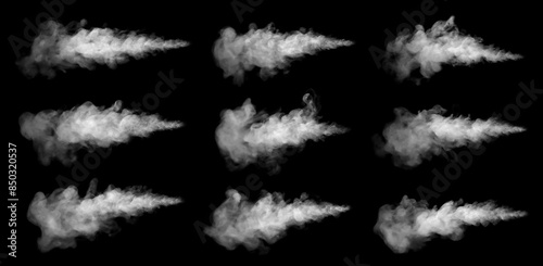 Includes close-up shots of abstract white steam or smoke rising upwards. From humidifying spray isolated on black background.	
