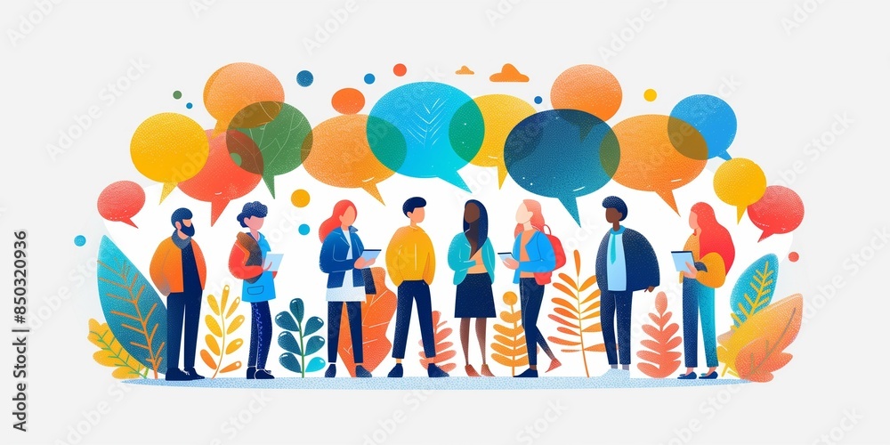 Fototapeta premium DEI Illustration of diverse people with speech bubbles engaging in conversation, symbolizing social media communication and interaction on a white background