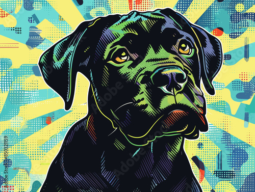 A black dog with a yellow background. The dog is looking at the camera. The background is a colorful, abstract design