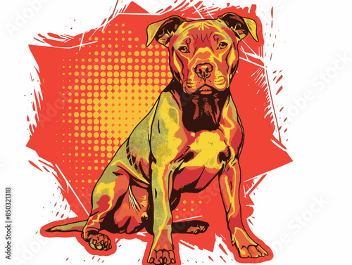 A dog is sitting on a red background. The dog is looking at the camera
