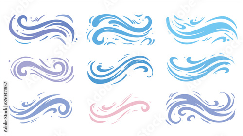 Colorful Wind Air Flow Elements Flowing Arrow Air Flow Direction, Doodle wind line sketch set. Hand drawn doodle wind motion, smoke flow art, abstract line Vector illustration