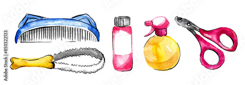 Pet beauty and care. Set for haircut, washing and grooming of animal fur. Scraper and pruner for claws, bottle of shampoo and comb. Watercolor illustration by hand on white background photo