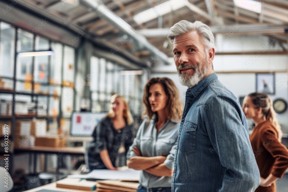 Portrait of mature businessman in casual clothes standing in modern office with colleagues in background. Portrait of mature businessman in casual clothes standing in modern office with colleagues in background.