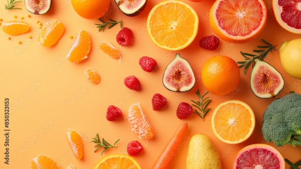 Assorted Fruits and Vegetables on an Orange Background Assorted Fruits and Vegetables on an Orange Background