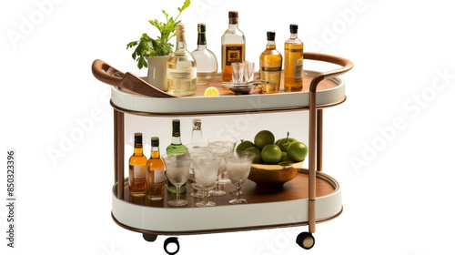 Two Tiered Bar Cart With Drinks, Fruit, And Glassware