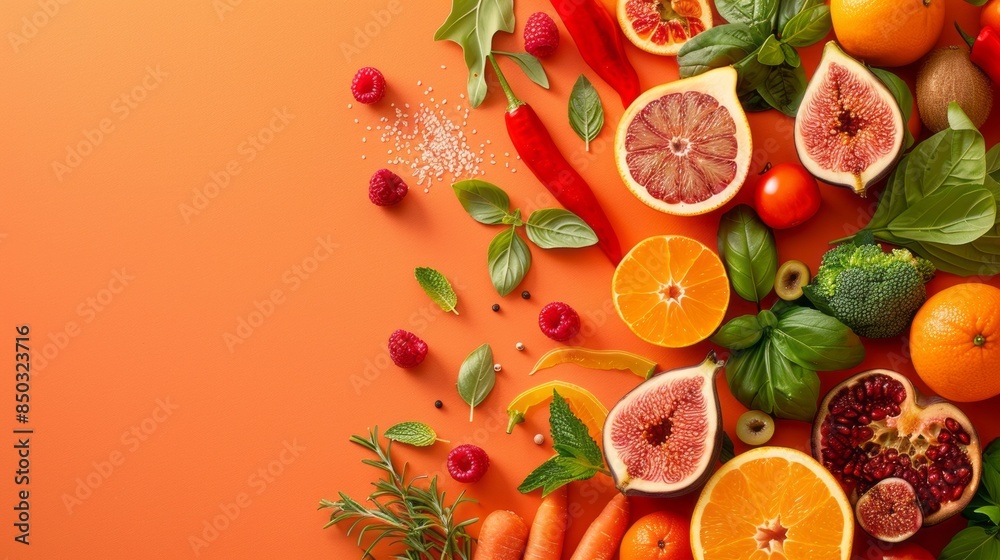 Assorted Fruits and Vegetables on Orange Background Assorted Fruits and Vegetables on Orange Background