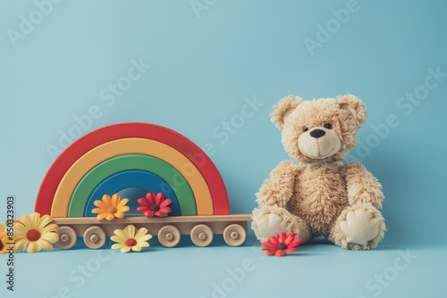Assorted children s toys  teddy bear, wooden rainbow, train, and baby toys on light blue background © Inna