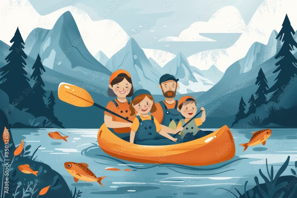 Obraz premium Father and child are boating and illustration on the lake