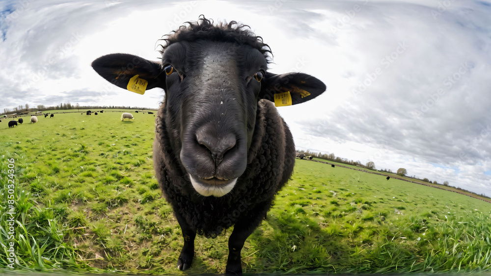 Happy lamb, small sheep face looking frank and cute, headshot in front view, green grass and blue sky Happy lamb, small sheep face looking frank and cute, headshot in front view, green grass and blue sky