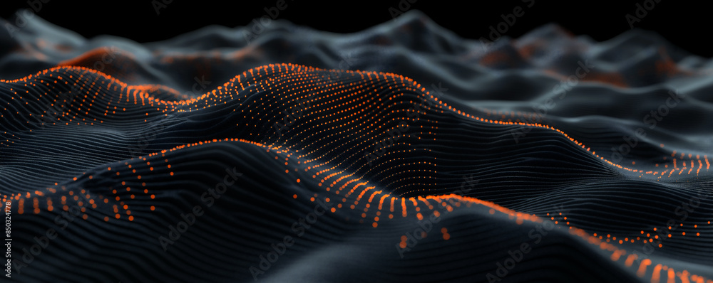 Abstract black dark background with orange dots and lines, creating a wave pattern on the surface of mountains, 3D rendering, white background, high resolution Abstract black dark background with orange dots and lines, creating a wave pattern on the surface of mountains, 3D rendering, white background, high resolution