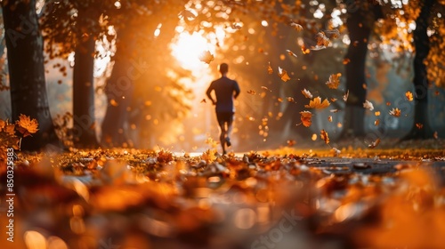 Autumn Runner's Bliss: Energizing Jog in Golden Sunlight Among Fallen Leaves at Park