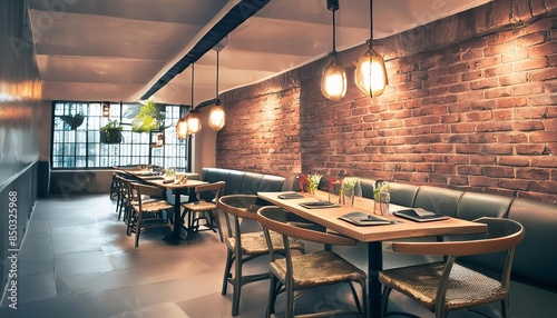 A cozy restaurant interior featuring exposed brick walls and large windows, creating a warm and inviting atmosphere. 