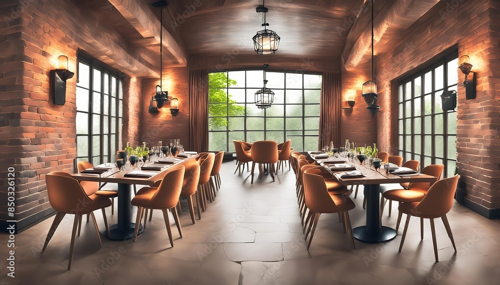A cozy restaurant interior featuring exposed brick walls and large windows, creating a warm and inviting atmosphere.