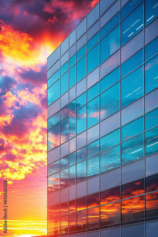 A modern corporate office building symbolizing success and growth set against a vibrant sunset backdrop. A modern corporate office building symbolizing success and growth set against a vibrant sunset backdrop.