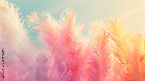 Close-up of delicate pastel-colored feathers with soft sunlight in the background © Mutshino_Artwork
