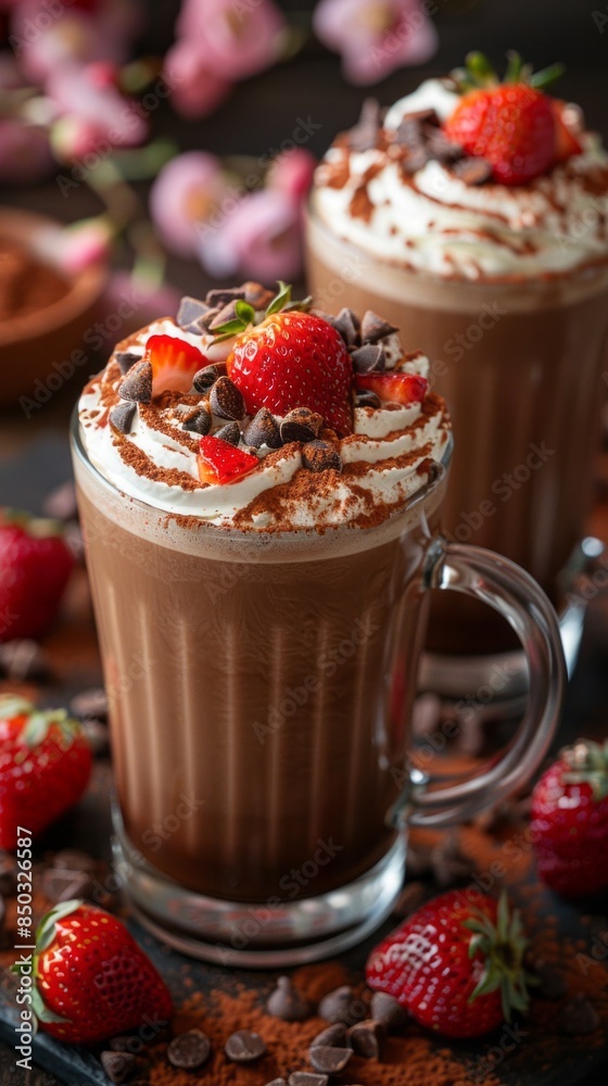 Two Cups of Hot Chocolate With Whipped Cream and Strawberries Two Cups of Hot Chocolate With Whipped Cream and Strawberries