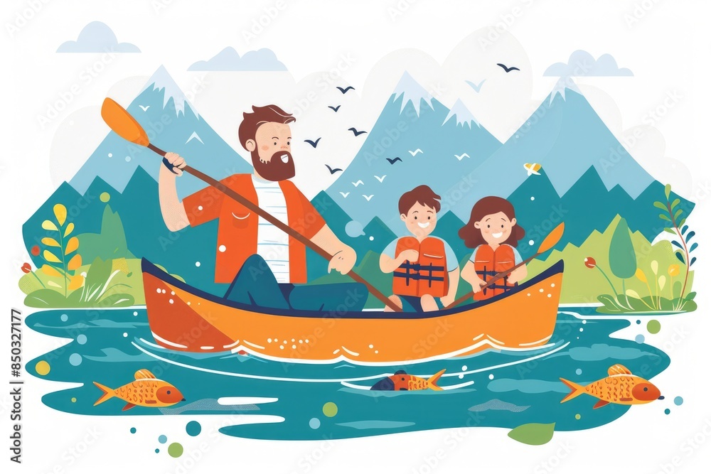 Father and child are boating and illustration on the lake Father and child are boating and illustration on the lake