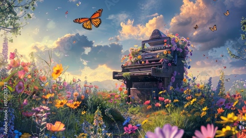 A vintage printer in a colorful field of wildflowers, vibrant full-color images being printed, butterflies fluttering around, serene natural environment photo
