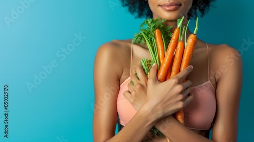 Embracing Freshness: Vibrant Woman of Color Holding Carrots in a Burst of Joy photo