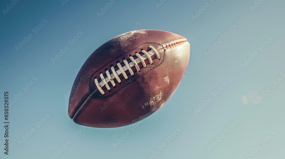 Action shot of an American football mid-air, white lacing and stripes visible, textured brown surface, clear sky background, motion blur effect Action shot of an American football mid-air, white lacing and stripes visible, textured brown surface, clear sky background, motion blur effect