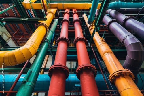 Vibrant and colorful heating system infrastructure, featuring pipes, valves, and equipment, with a focus on energy efficiency and modern design