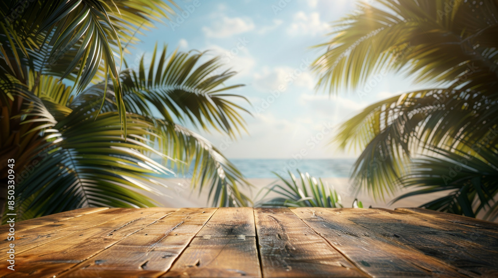 Empty wooden table surrounded by palm leaves on a summer beach