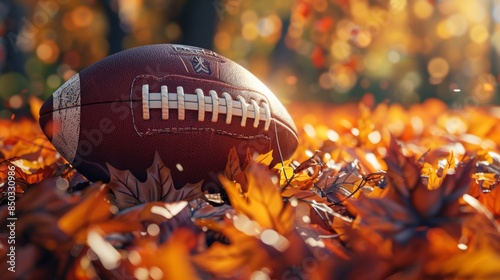 American football with white lacing and stripes, detailed textured brown surface, surrounded by autumn leaves, vibrant colors, realistic depth