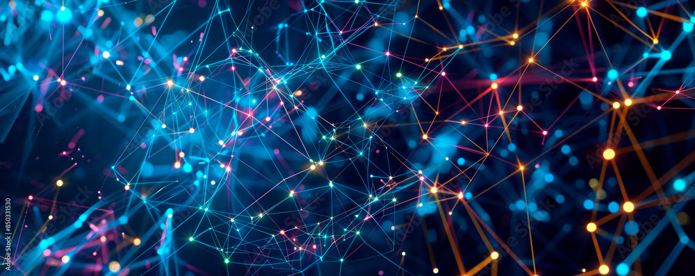 Obraz premium Abstract blue, yellow background intersecting lines , scattered dots creating dynamic visual composition. Artificial Intelligence. AI. Data transmission. Big data. Virtual reality. Banner. Copy space