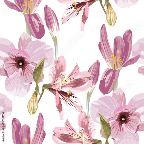 Seamless floral pattern with pink violet tropical magnolia and lily flowers with leaves on white background. Template design for textiles, interior, clothes, wallpaper. Botanical art. 