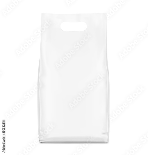 Realistic stand bag with hole handle mockup for chemical products, cat litter, pet food. Front view. Vector illustration isolated on white background. Can be use for template your design. EPS10.