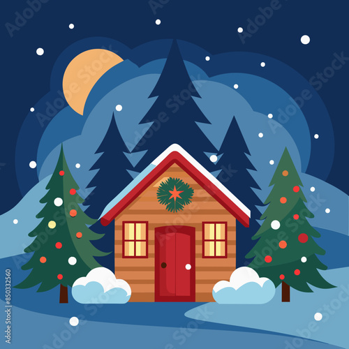 Design a vector graphic for a winter holiday card featuring a cozy cabin in a snowy landscape with twinkling stars and a festive wreath on the door.