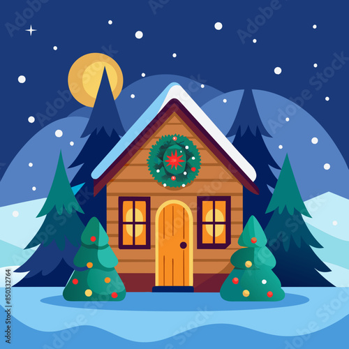 Design a vector graphic for a winter holiday card featuring a cozy cabin in a snowy landscape with twinkling stars and a festive wreath on the door.