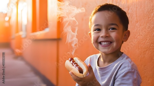 Happy american Boy Holds Hot Dog in his hands On orange Background, small boy participate in hot dog eating contest. photo