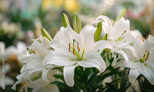 White lily flower blooming in a garden with blurred background