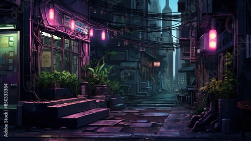 Luminous neon lights illuminating dark alley