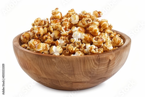 Caramel Popcorn in rustic bowl. Isolated on white background - generative ai