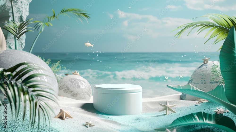 Graphic composition for cosmetic advertising featuring a 3D product podium in an ocean and sand scene Graphic composition for cosmetic advertising featuring a 3D product podium in an ocean and sand scene