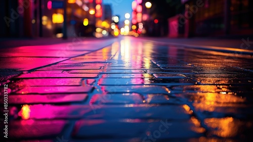 Neon reflecting on wet pavement at night © cOmbEt