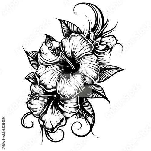 black and white vector illustration in tattoo style - a beautiful exotic flower on a white background